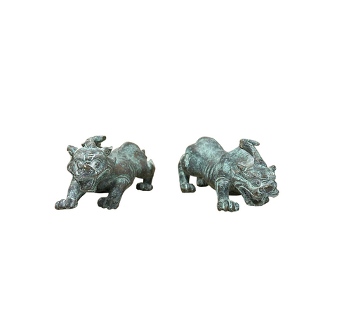 Pair Chinese Rustic Oxidized Patina Fengshui Pixiu Metal Figure GB008S