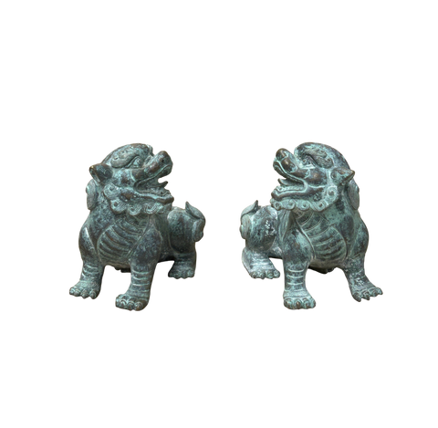 Pair Chinese Rustic Oxidized Patina Fengshui FoDog Metal Figure GB010S