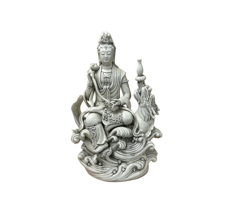 Chinese Handcrafted GuanYin Bodhisattva on Dragon White Porcelain Statue GB016S