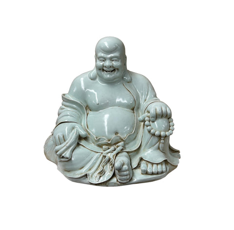 Oriental White Happy Laughing Buddha Ru Yi Praying Beads Porcelain Figure GB018S