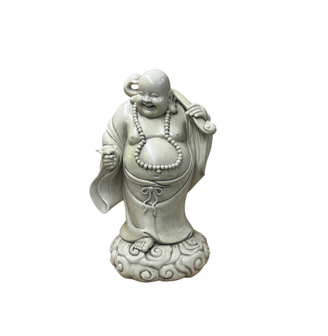 Oriental White Standing Happy Laughing Buddha Ru Yi Bat Porcelain Figure GB020S