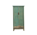 Oriental Distressed Light Teal Green Tall Narrow Noodle Cabinet Armoire GB034S