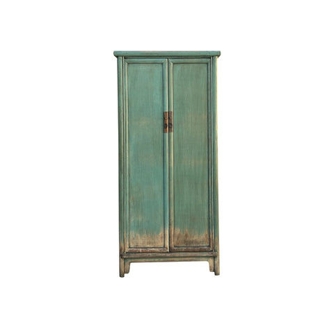 Oriental Distressed Light Teal Green Tall Narrow Noodle Cabinet Armoire GB034S