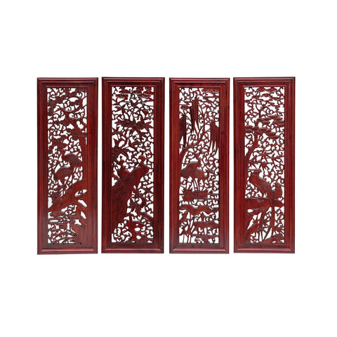 Set 4 Chinese Reddish Brown Wood Flower Birds Carving Wall Panels GB045S