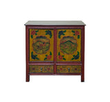 Multi-color Tibetan Horses Deer Motif Credenza Table Cabinet GB048S