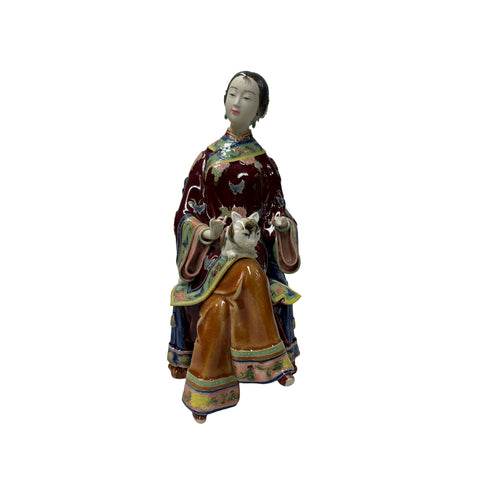 Chinese Porcelain Qing Style Dressing Holding Cat Lady Figure GB052S