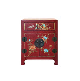 Chinese Red Vinyl Moon Face Flower Birds End Table Nightstand GB063S