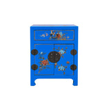 Chinese Bright Blue Vinyl Moon Face Flower Birds End Table Nightstand GB064S