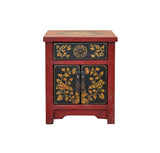 Oriental Red Black Doors Golden Flowers Graphic End Table Nightstand GB069S