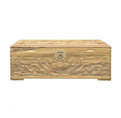 Light Tan Brown Dragon Carving Camphor Wood Trunk Chest GB073S