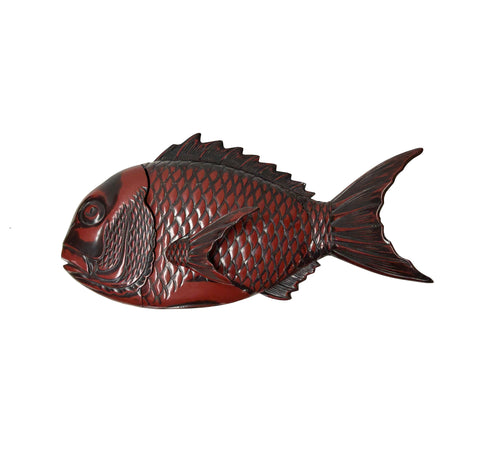 Vintage Asian Black Red Lacquer Fish Shape Storage Accent Box GB079S