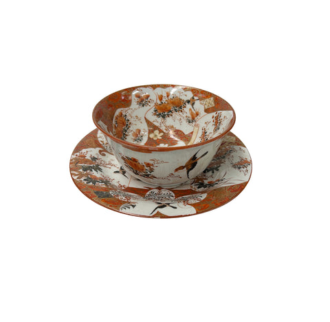 Set Handmade Porcelain Orange Red Flower Graphic Bowl Plate  GB083S