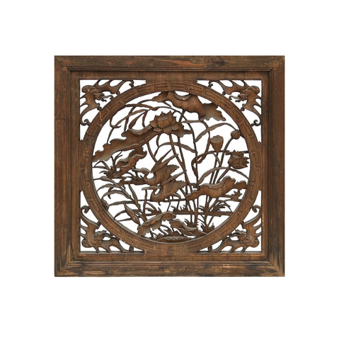 Chinese Square Flower Lotus Birds Wooden Wall Plaque Panel GB103S