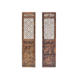 Pair Oriental Bats Floral Geometric Lattice Pattern Tall Wood Door Panel Screen GB111S
