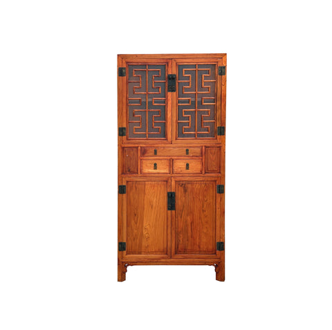 Vintage Brown Oriental Geometric Doors Display Curio Corner Cabinet Bookcase GB118S