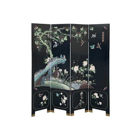 Chinese Black Base Color Flower Birds Graphic Floor Screen Divider GB121S