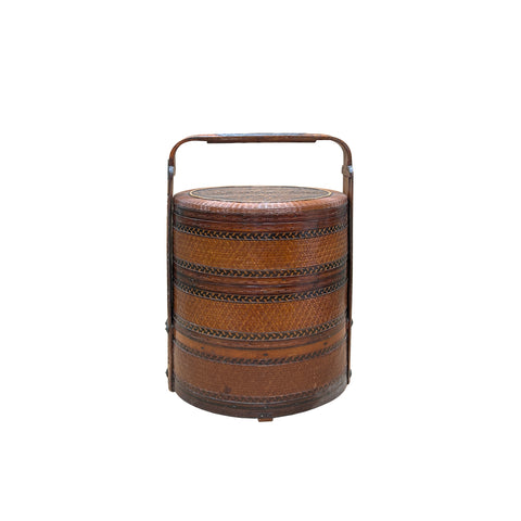 Vintage Oriental Handmade Brown Rattan Stack Basket with Handle GB122S