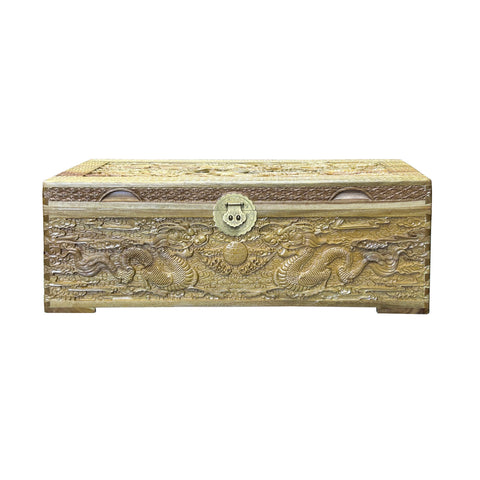 Light Tan Brown Dragon Carving Camphor Wood Trunk Chest GB124S