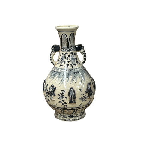 Oriental Cream White Color Blue Eight Immortal Theme Porcelain Vase Art GB134S