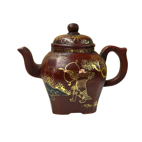 Vintage Chinese Reddish Brown Graphic Zisha Clay Teapot Art Display GB137S