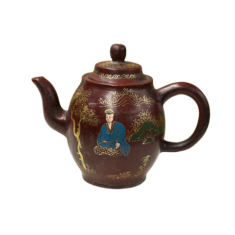 Vintage Chinese Reddish Brown Graphic Zisha Clay Teapot Art Display GB145S