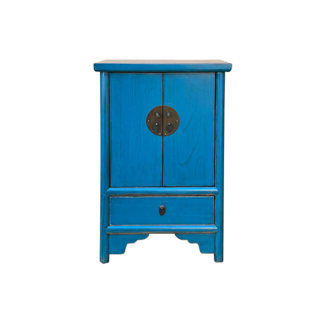 Oriental Distressed Cerulean Blue Medallion Hardware End Table Nightstand GB155S