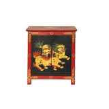 Tibetan Oriental Black Red Foo Dogs Lions End Table Nightstand GB158S