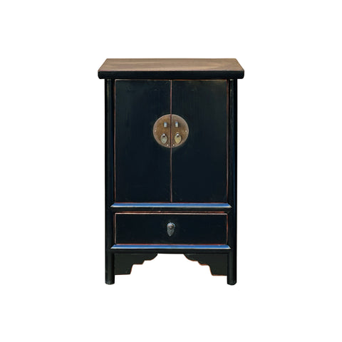Oriental Distressed Black Medallion Hardware End Table Nightstand GB159S