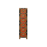 Tibetan Style Red Flower Graphic Slim Narrow 6 Drawers Storage Cabinet GB160S