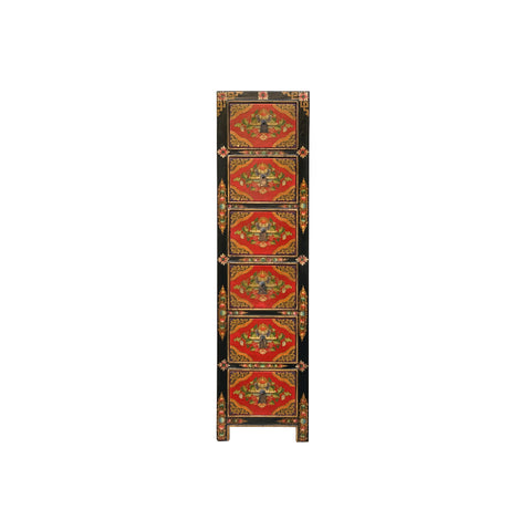Tibetan Style Red Flower Graphic Slim Narrow 6 Drawers Storage Cabinet GB160S