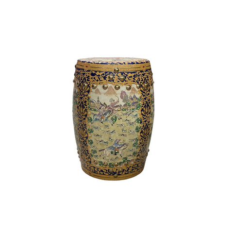 Vintage Oriental Chinoiserie Western Graphic Porcelain Stool Table Ottoman GB163S
