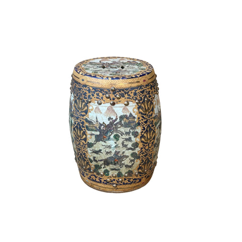 Vintage Oriental Chinoiserie Western Graphic Porcelain Stool Table Ottoman GB163S