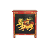 Tibetan Oriental Black Red Foo Dogs Lions End Table Nightstand GB164S
