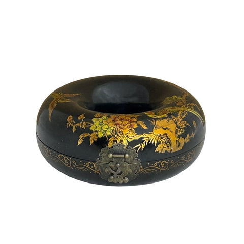 Oriental Black Flower Bird Graphic Donut Shape Container Box GB169S