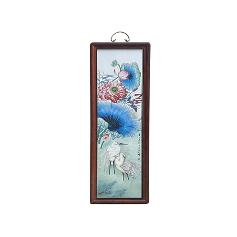 Vintage Chinese Wood Frame Porcelain Egret Lotus Wall Plaque Panel GB170S