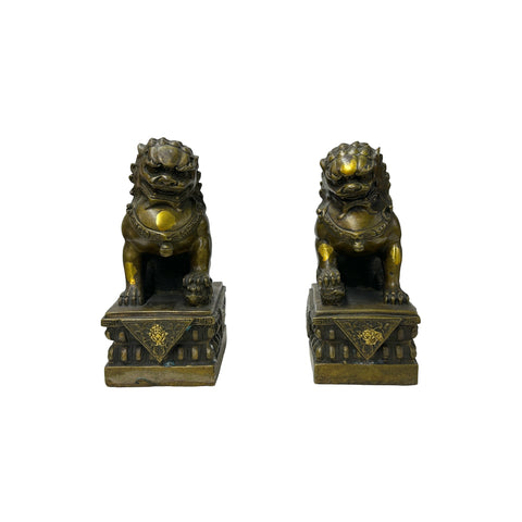 Pair Vintage Copper Color Metal Rustic Fengshui Foo Dog Lions Figures GB171S