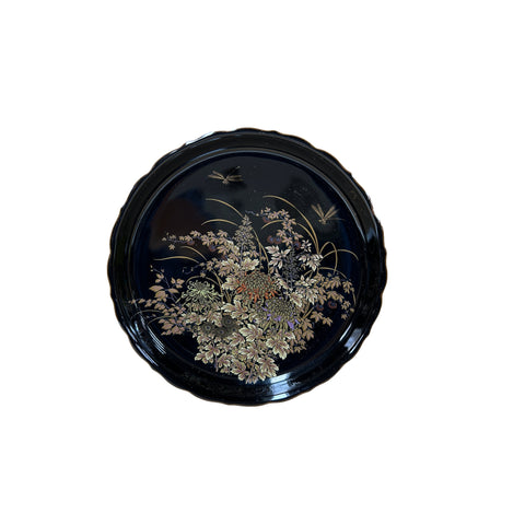 7.5" Oriental Black Glaze Porcelain Charger Plate Golden Flower Graphic GB172S