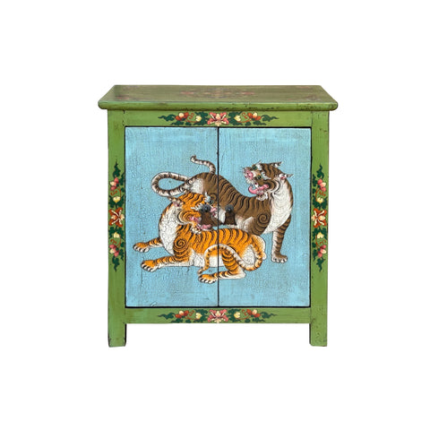 Tibetan Style Lime Green Blue Two Tigers End Table Nightstand GB174S
