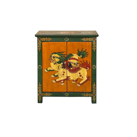 Tibetan Style Green Orange Two Snowlions End Table Nightstand GB177S