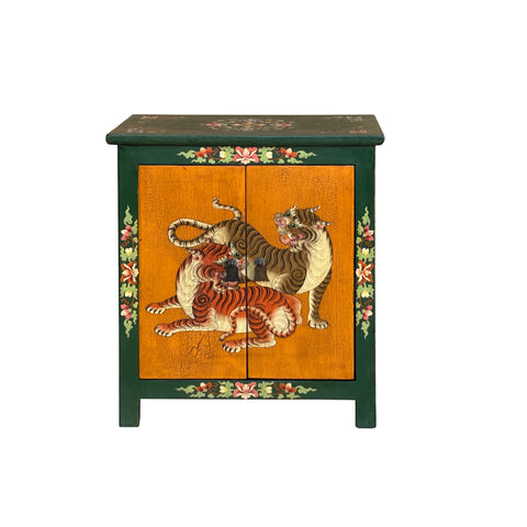 Tibetan Style Green Orange Two Tigers End Table Nightstand GB178S