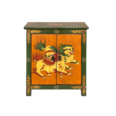 Tibetan Style Green Ochre Two Snowlions End Table Nightstand GB180S
