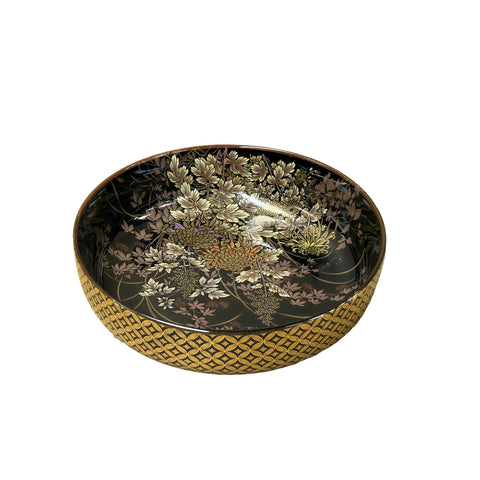 9" Oriental Black Glaze Porcelain Flat Bowl Golden Flower Graphic GB183S