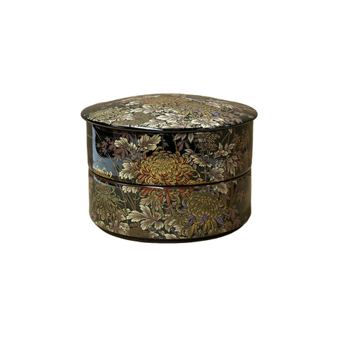 5" Oriental Black Glaze Porcelain Stack Round Box Golden Flower Graphic GB184S