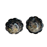 Pair Oriental Black Glaze Porcelain Bowls Golden Flower Graphic GB186S