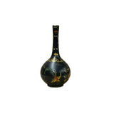 Chinese Black Lacquer Color Graphic Decorative Wood Vase Art GB187S
