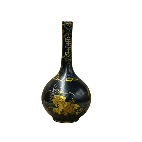Chinese Black Lacquer Color Graphic Decorative Wood Vase Art GB188S