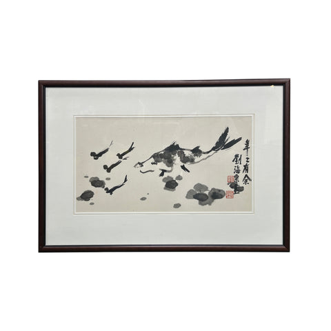 Oriental Thumb Ink Paint Koi Fishes Horizontal Wood Framed Art GB201S