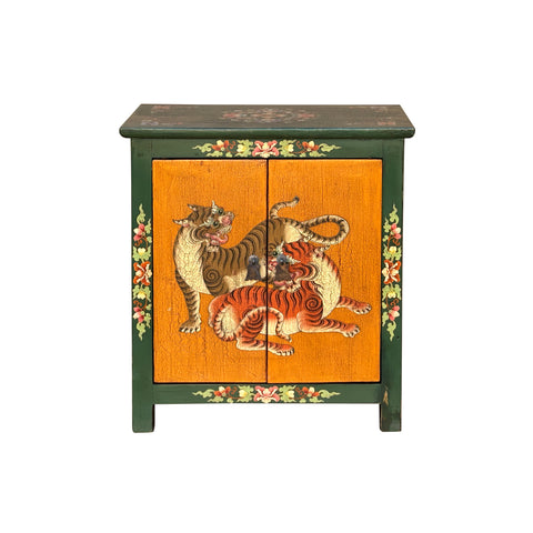 Tibetan Style Green Orange Two Tigers End Table Nightstand GB202S