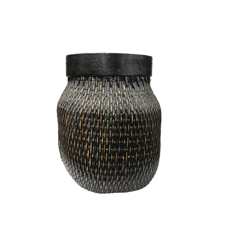 Vintage Oriental Handmade Black Rattan Bamboo Open Basket GB208S