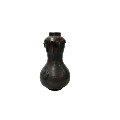Oriental Gourd Shape Bronze Patina Ribbed Body Metal Vase Art GB211S